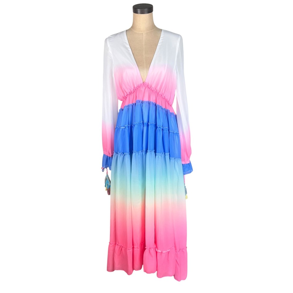 L'Atiste Ombre Tiered Maxi Dress Pink Blue Long Sleeve V-Neck M NEW